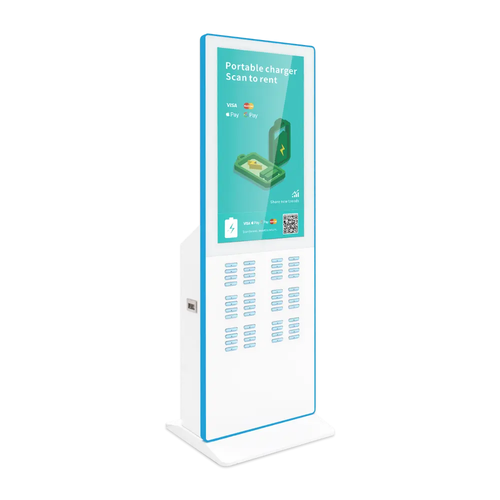 48 slots powerbank kiosk with screen and card reader side view
