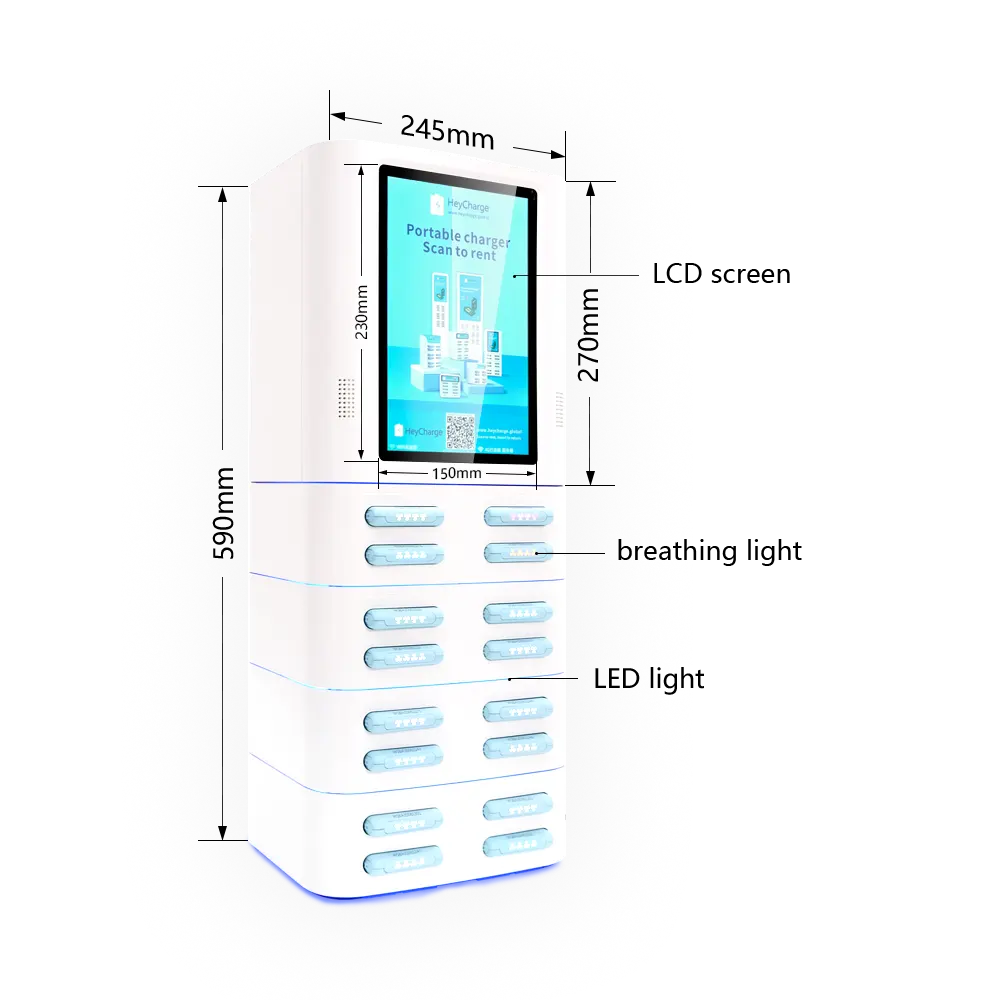 dimensions de distributeur automatique de banques d'énergie carrée à 16 emplacements blanche avec écran et lecteur de carte