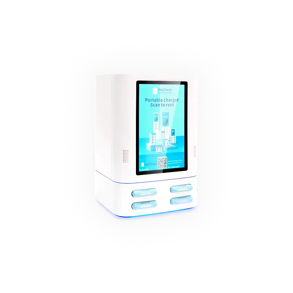 white 4 slots square power bank vending machine with screen and card reader side view