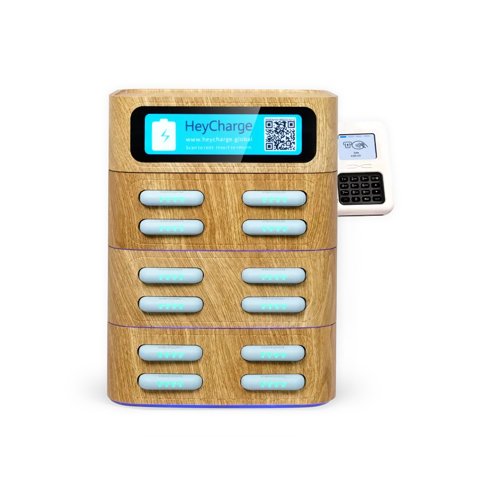 12 slots wood grain square powerbank rental with card reader