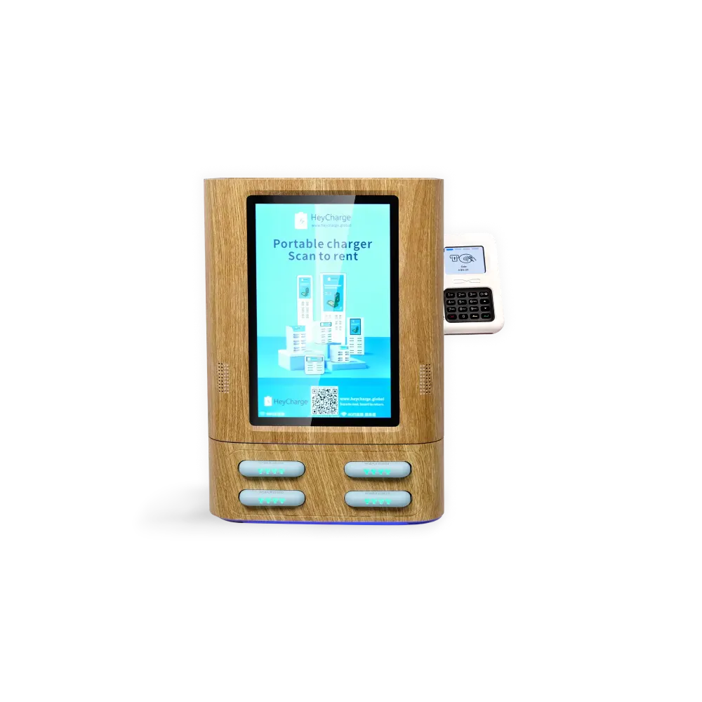 4 slots wood grain square power bank vending machine with screen and card reader