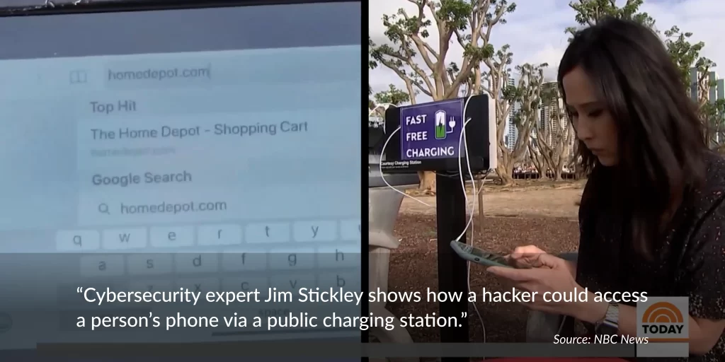 a hacker accesssing a phone via a public charging station