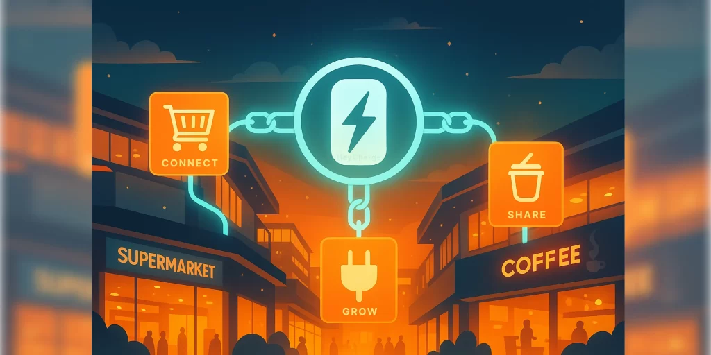 Illustration of shared power bank linking supermarkets and coffee shops in a retail collaboration.