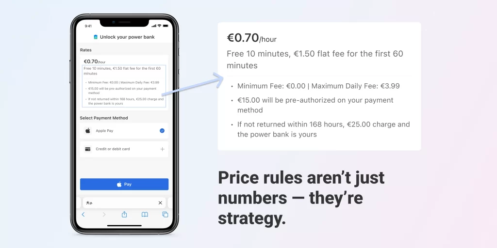 Power bank rental pricing screen showing hourly rate, free 10-minute offer, and flat first-hour fee highlighted in blue — illustrating how subtle pricing rules influence user behavior.