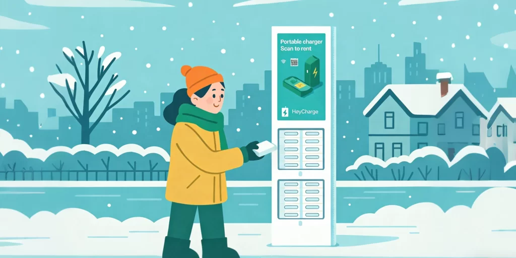 A woman stands beside a snow-covered street, surrounded by a winter landscape.