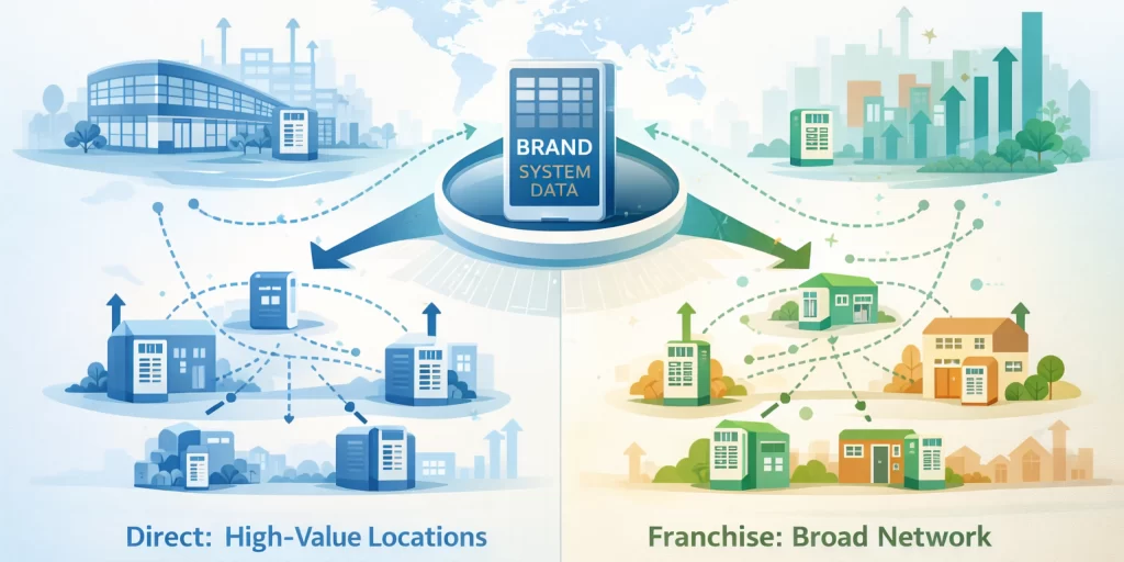 Strategic illustration of a hybrid shared power bank business model combining direct-operated flagship locations with a scalable franchise network.