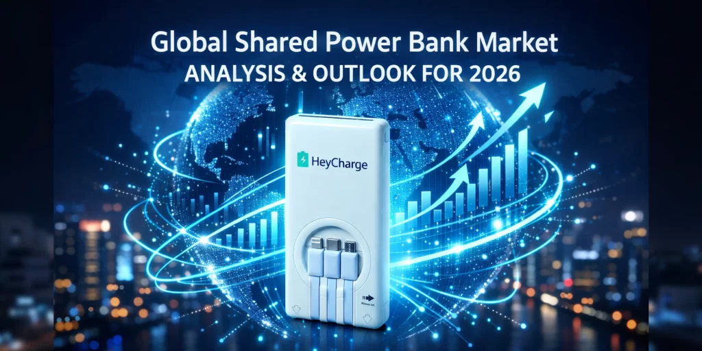 An abstract visualization showing global growth of the shared power bank market, with a central power bank connected to a network of data streams and upward trends.