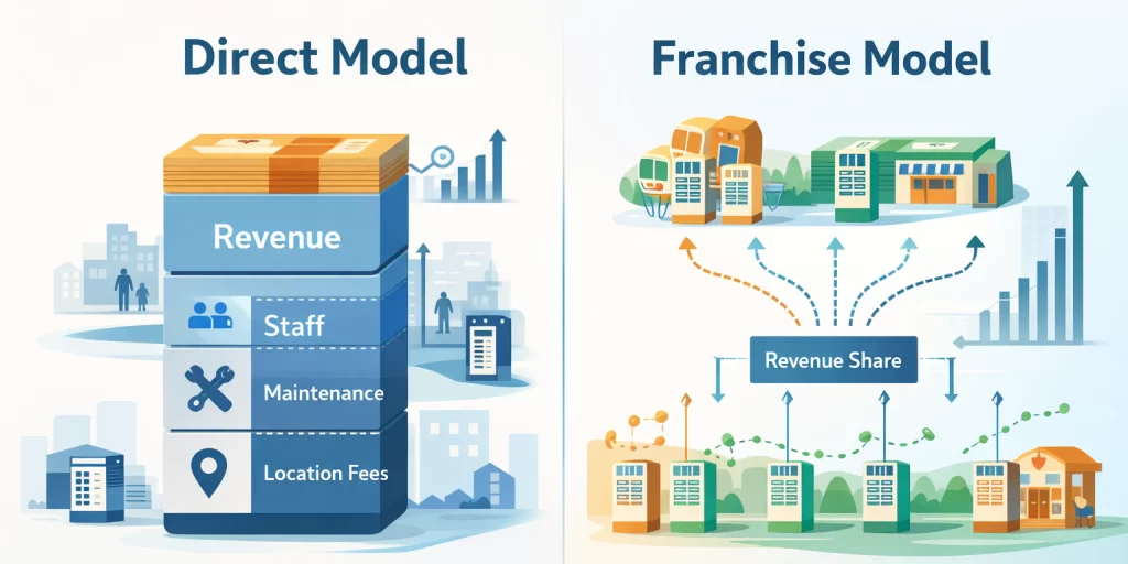 Flat infographic illustrating profit and cost structures of shared power bank business models, comparing high-margin direct operations with faster-payback franchise networks.