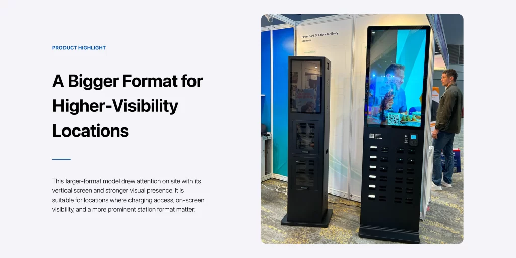A new large-format HeyCharge power bank sharing solution displayed at Global Sources Mobile Electronics 2026