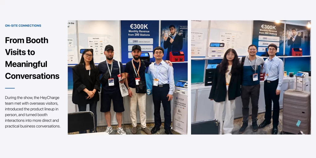 HeyCharge team meeting overseas visitors and discussing power bank sharing solutions at the exhibition