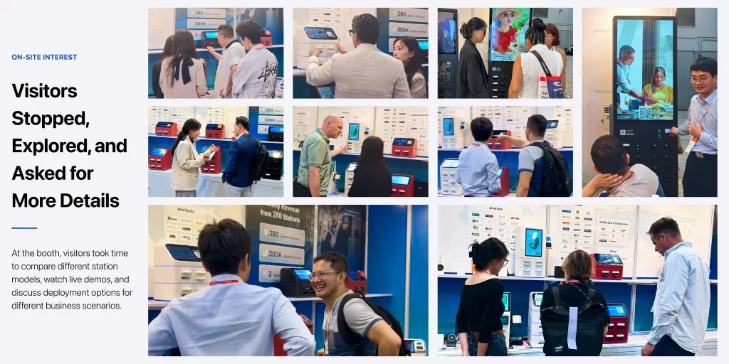 Visitors exploring different HeyCharge power bank sharing station formats at the exhibition booth